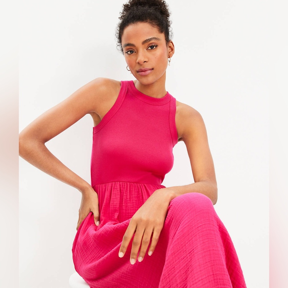 NWT Loft Beach Triple Cloth Mixed Media Maxi Pocket Dress Size XL Hot Pink - Picture 2 of 12